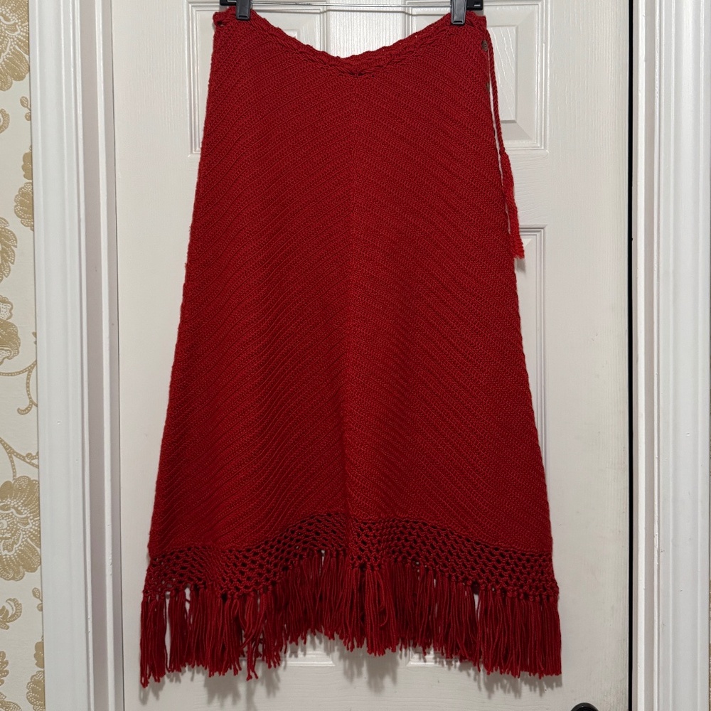 Vintage Double RL Hand Knit Wool Orange Skirt with Fringe - Sz Small